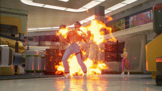 Ascendant Infinity-Geschenk: Ein überfallener Mann geht in Flammen auf, während ein Teamkollege auf Feinde außerhalb des Bildschirms schießt.