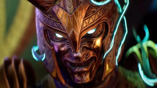 Closeup of Asgard's Wrath 2 antagonist Loki wearing a golden horned helmet