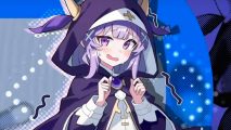 A cute anime girl with purple hair wearing a hood looks nervous, smiling weakly
