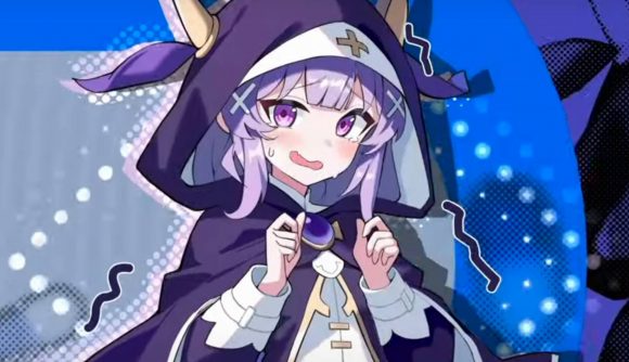 A cute anime girl with purple hair wearing a hood looks nervous, smiling weakly