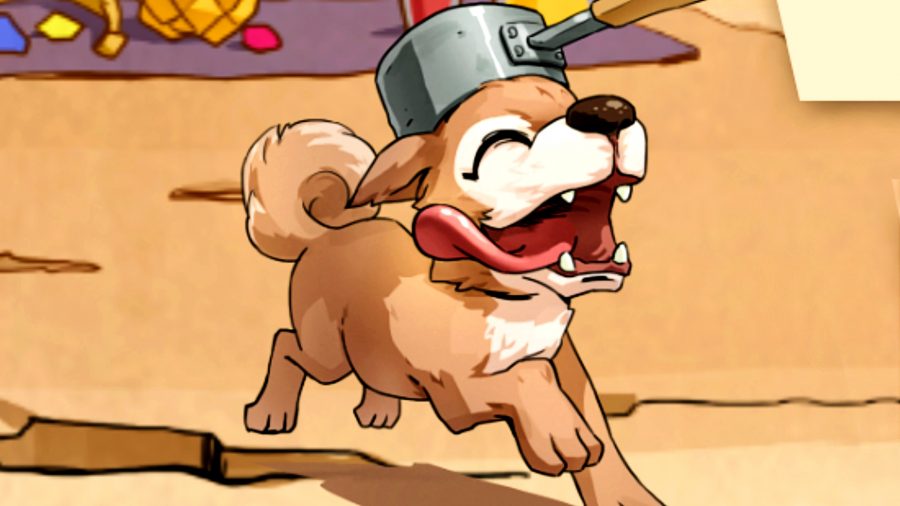 Backpack Battles - A small dog wearing a pot on its head runs along joyfully.