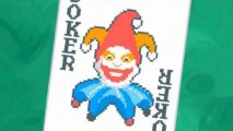 Balatro age rating Steam: a close up of a pixelated joker card on a green background