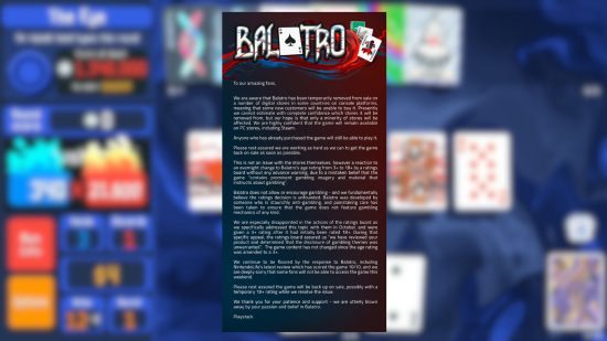 Balatro's statement on X
