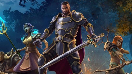 If you've finished Baldur's Gate 3, this new RPG is what you need: A white man with short black hair wearing black armor trimmed with gold holds a sword as fire rises behind him in a forest area