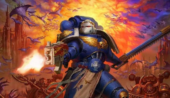 Boltgun Game Pass: a blue armor clad space marine shooting a gun and holding a chain sword