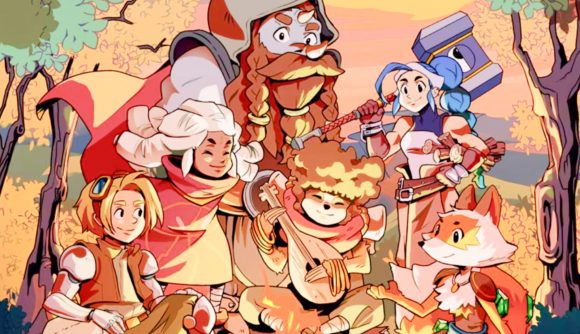New Steam building and RPG game mash-up launches with discount: A group of cartoon people and animals standing around a bonfire.