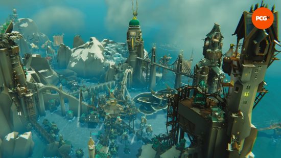 Bulwark review: a sprawling city hub with giant towers and bridges.