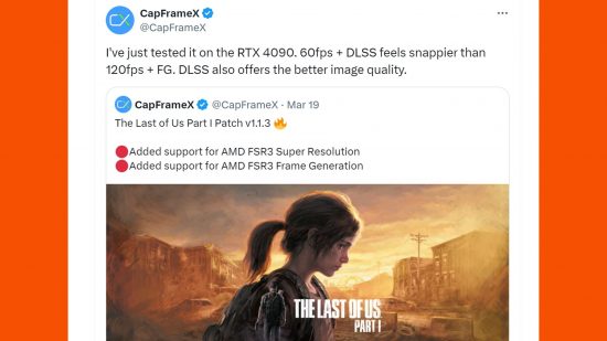 An X (Twitter) post from CapFrameX cstating that AMD FSR 3 performance in The Last of Us is poor compared to DLSS