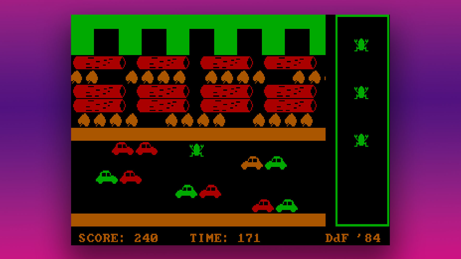 CGA graphics: Frogger clone Ribit screenshot - BIOS mode 4, palette 0, low intensity