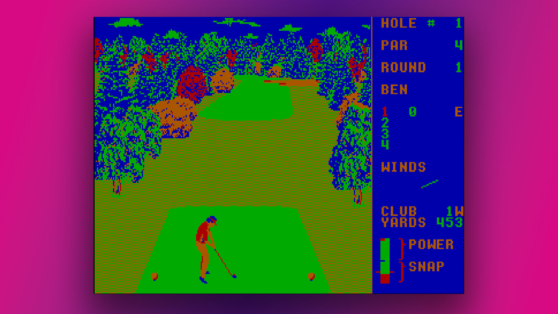 CGA graphics: World Class Leaderboard golf game - BIOS mode 4, palette 0, low intensity, black background replaced with blue