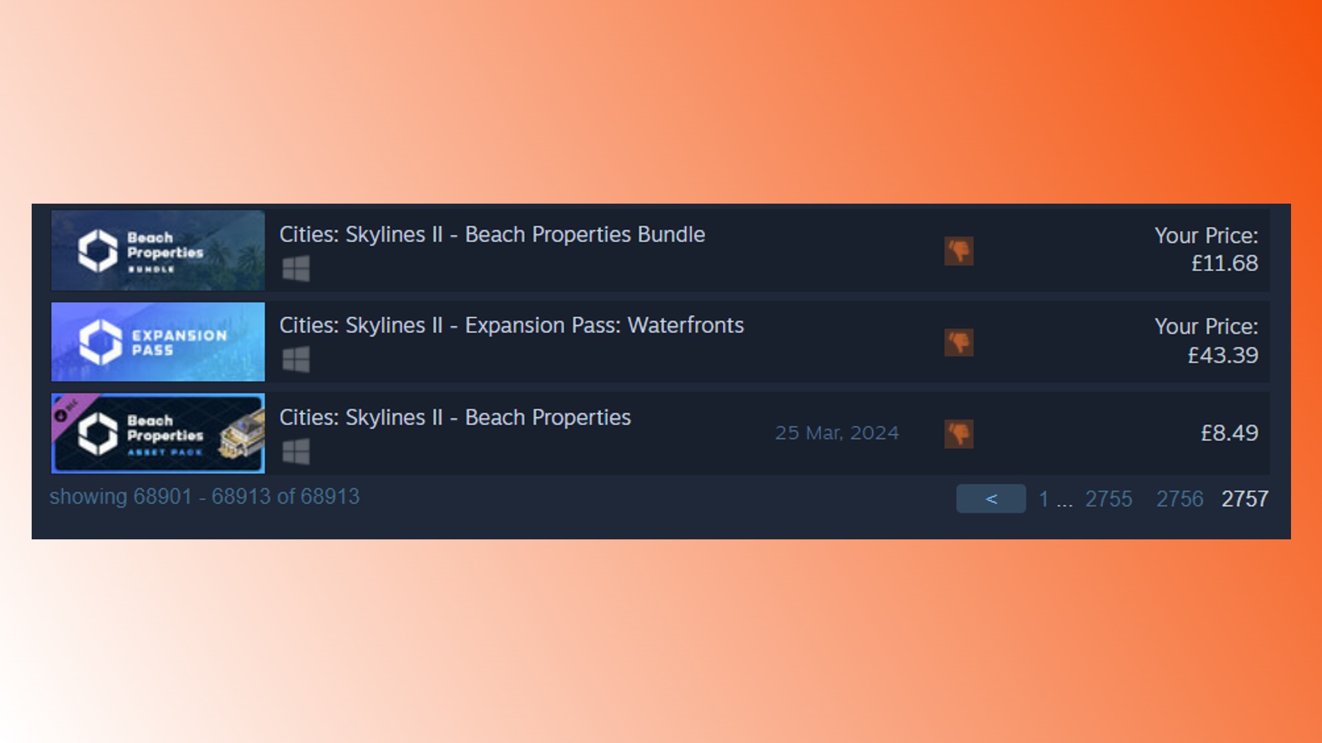 Cities Skylines 2 DLC Beach Properties: A screenshot of Cities Skylines 2 DLC on the Steam user chart