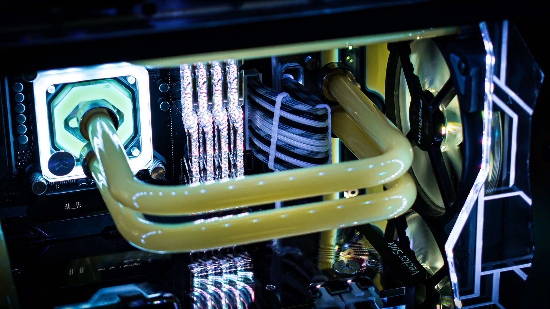 The yellow coolant runs through the watercooled gaming pc