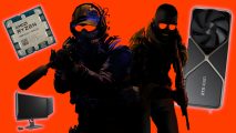 Counter-Strike 2 key art, featuring a counter-terrorist operative (left) and terrorist (right), surrounded by a monitor (bottom left), CPU (top left), and GPU (right)