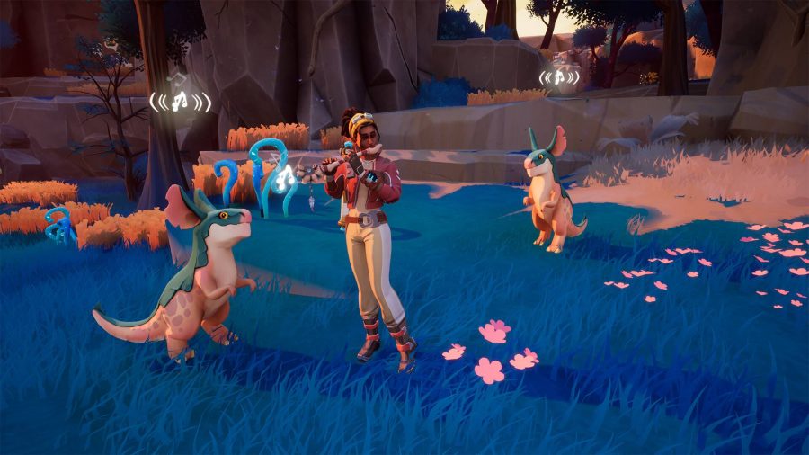 Creatures of Ava, main character playing flute to creatures on colourful planet