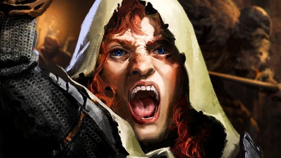 Dark and Darker is coming back to Steam rival Epic Games - A red-headed warrior in chainmal and a white cloth hood yells, as others explore a cavern in the background.