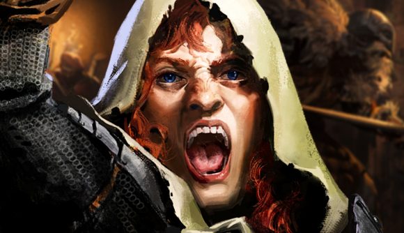Dark and Darker is coming back to Steam rival Epic Games - A red-headed warrior in chainmal and a white cloth hood yells, as others explore a cavern in the background.