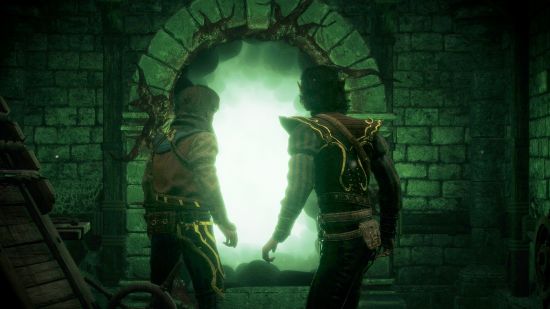 Two survivors prepare to walk through a glowing gate in the DBD DnD chapter.