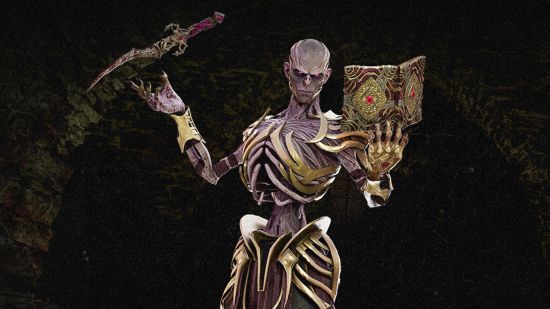 New DBD Dungeons and Dragons killer Vecna holds the Book of Vile Darkness in one hand and a dagger in the other.