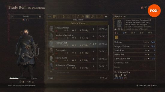 Dragon's Dogma 2 armor: a menu of items available for sale, including some armor for combat.