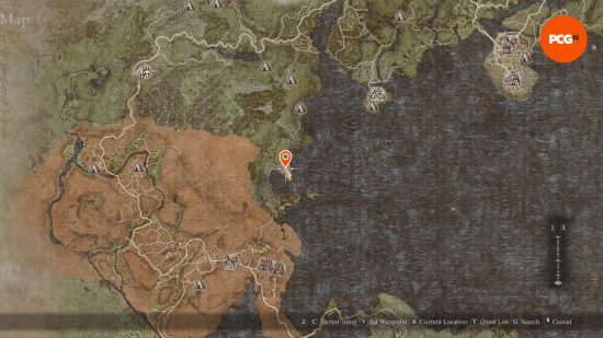 Dragon's Dogma 2 armor: an old, brown map with a location marked by a bright orange pin.
