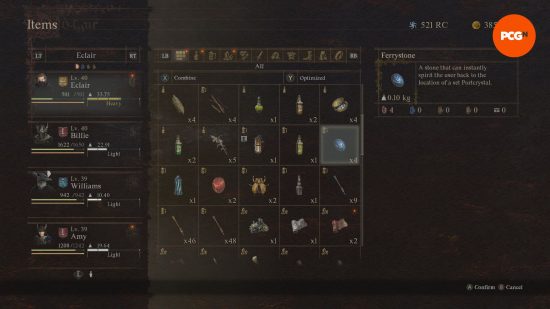 Dragon's Dogma 2 Ferrystones: an inventory menu in a videogame showing a glowing blue stone.