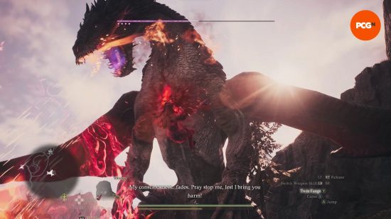 How long is Dragon's Dogma 2: a man holds onto the belly of a dragon as it blows fire.