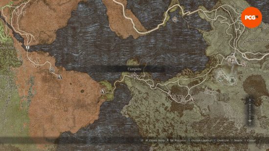 Dragon's Dogma 2 Magick Archer vocation: a map showing the location of a campfire.