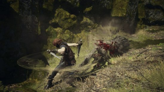 Dragon's Dogma 2 nameless village: a theif attacks a wolf using daggers.