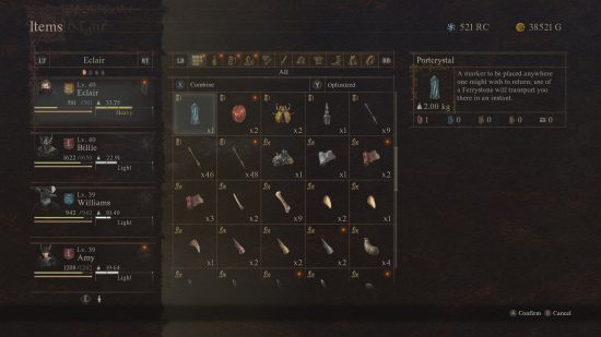 Dragon's Dogma 2 Portcrystals: an inventory showing a glowing blue crystal.