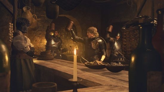 Dragon's Dogma 2 romance: a group of individuals in a bar, holidng tankards of ale.