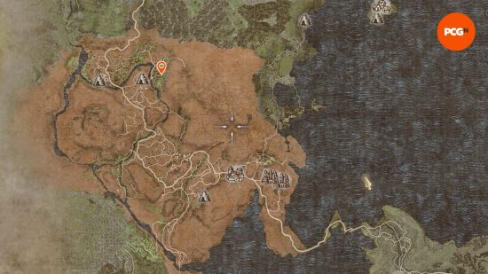 Dragon's Dogma 2 Trickster unlock: a map, and a bright orange marker.