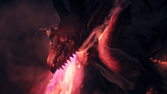 dragon's Dogma 2 true ending: the arisen clings on to the dragon as it breathes red fire