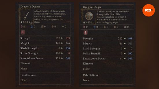 Dragon's Dogma 2 weapons: a screen showing a powerful sword and shield.