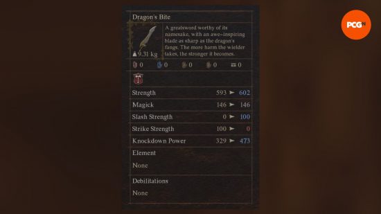 Best Dragon's Dogma 2 weapons: a menu screen showing a powerful sword.