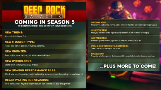 Deep Rock Galactic Season 5 roadmap - Developer Ghost Ship says "this is not an exhaustive list - just what we're ready to talk about now."