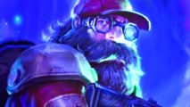 Deep Rock Galactic Season 5 teaser - A dwarf with a lage, grey beardr wearing a red cap and goggles as he explores a blue-lit cavern.