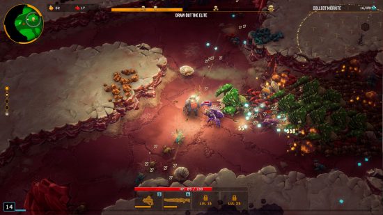 Deep Rock Galactic Survivor update introduces new Salt Pits biome - A number of bugs close in on the intrepid dwarven miner.