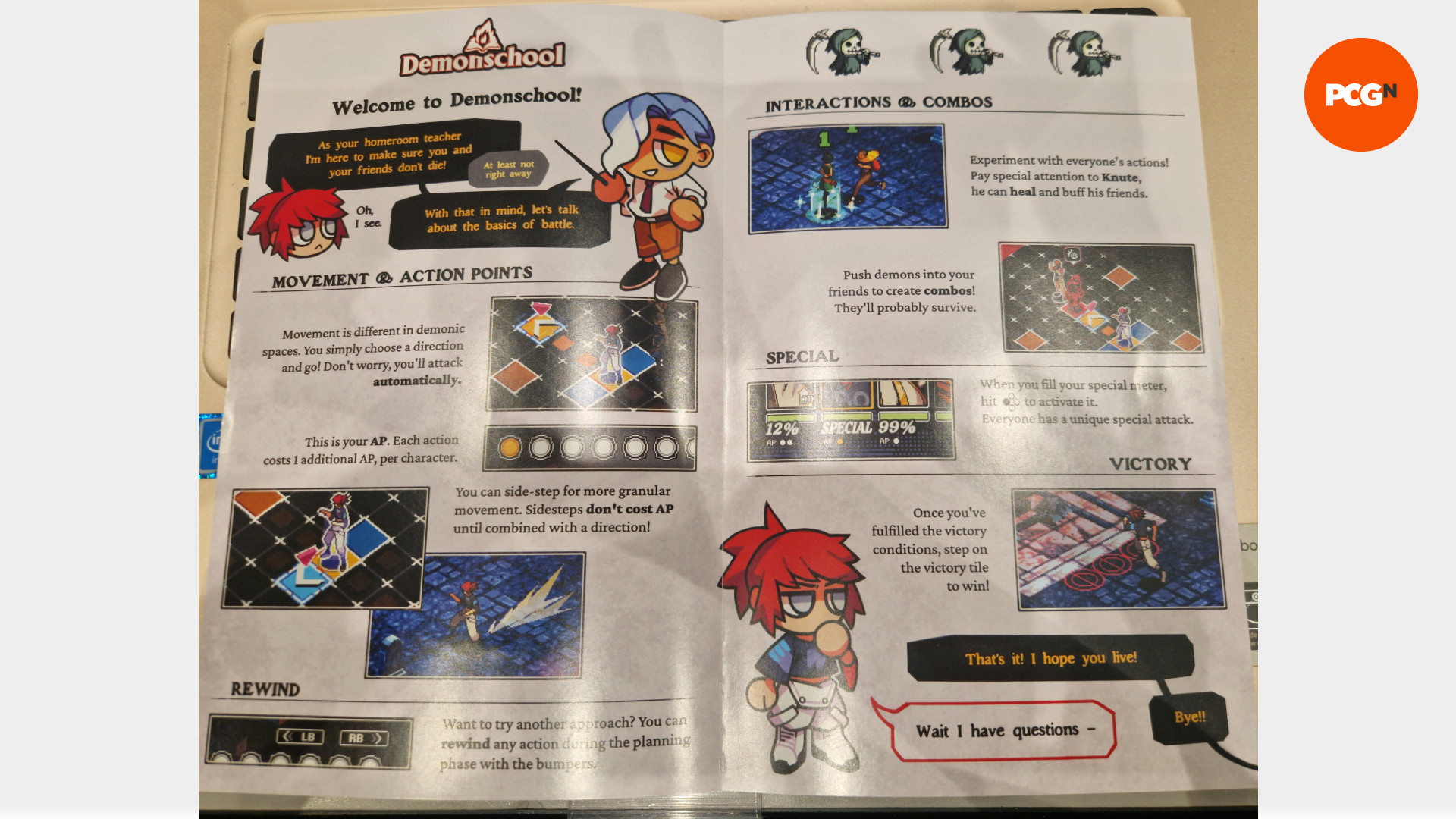 Demonschool: una fotografía de un manual realizado para el juego que muestra sus sistemas de batalla.
