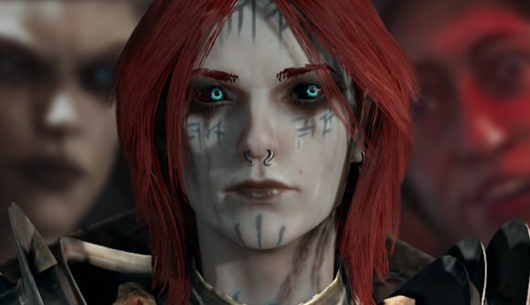 Diablo 4 is worth your time on Game Pass - A red-haired Necromancer with bright blue eyes, backed by Lilith and Vani from the Blizzard RPG's story campaign.
