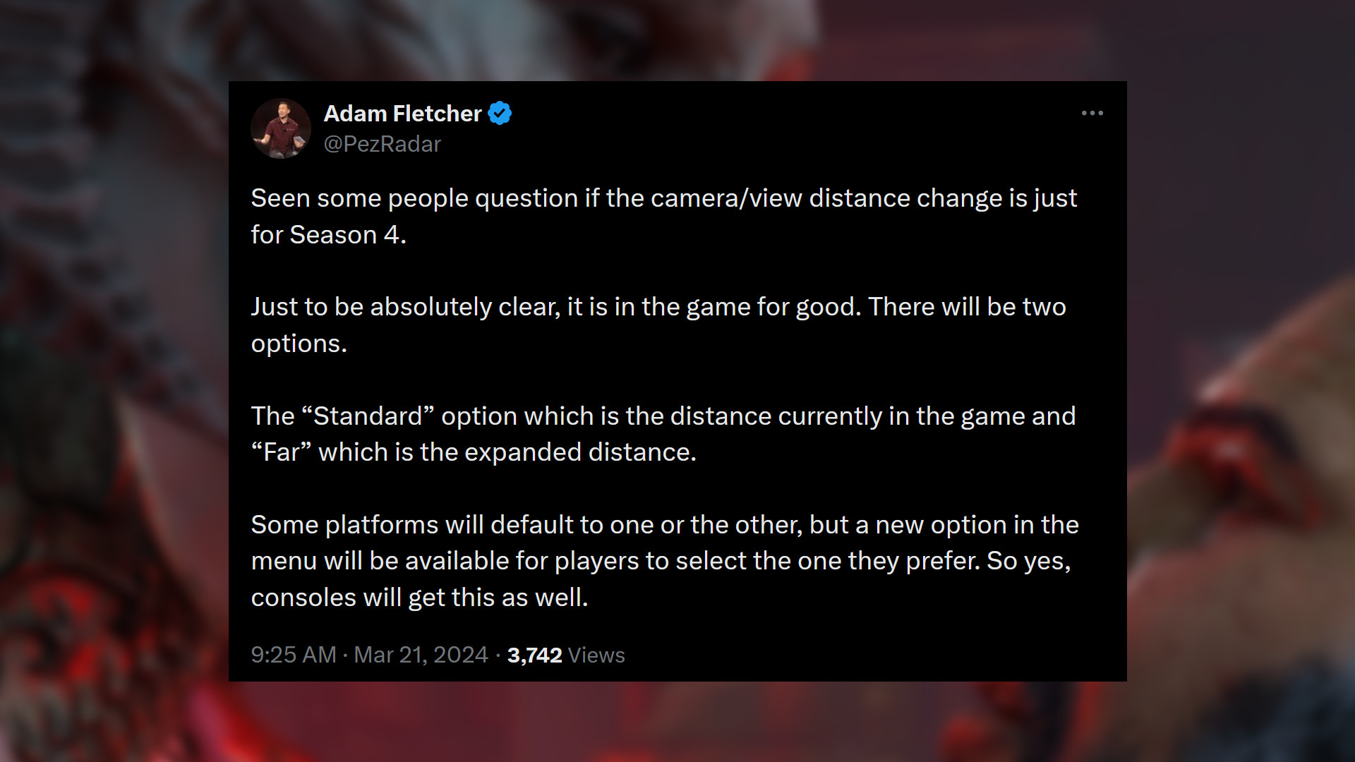 Cambio de cámara de la temporada 4 de Diablo 4 - Mensaje del administrador de la comunidad de D4, Adam Fletcher: 