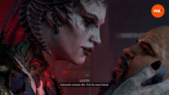 Diablo 4 – Příběhová Cutscene: Lilith položí Donanovi ruku na tvář a řekne mu: "Astaroth nemůže zemřít. Ne tvou rukou."