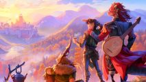 Disney Dreamlight Valley devs announce new DnD RPG: An elf, a reptilian man, and a warrior look out over a valley at a castle.