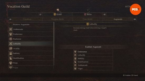 Dragon's Dogma 2 Archer build: a menu screen showing all of the special augments of the Archer class in Dragon's Dogma 2.