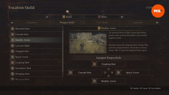 Dragon's Dogma 2 Archer skills: a menu showing all of the abilities of an archer.