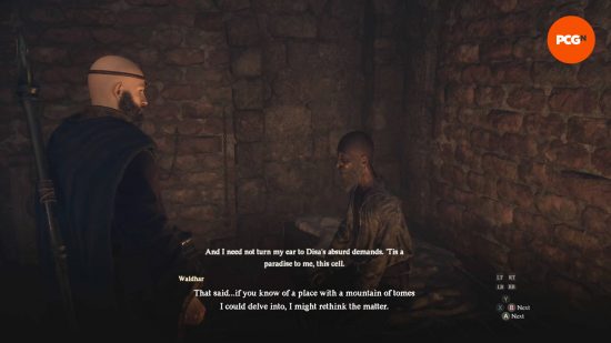 Waldhar is speaking with the Arisen inside the prison in Dragon's Dogma 2 Caged Magistrate quest. He isn't being cooperative.