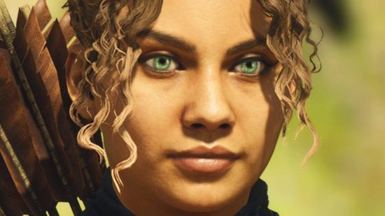 Dragon's Dogma 2 character creator out now with free Steam demo - A pretty woman with emerald-green eyes and golden-tipped curly hair falling either side of her face.