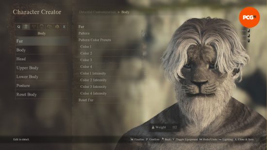Dragon's Dogma 2 character creator - A grey-haired Beastren character being built, with fur pattern options being selected.