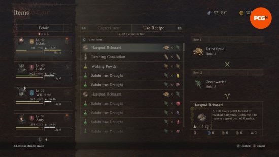 Dragon's Dogma 2 crafting: a videogame menu showing all combinations of different ingredients.