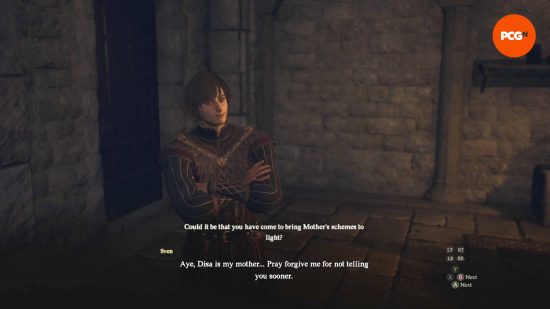 Sven talking to the Arisen inside a chamber during Dragon's Dogma 2 Disa's Plot quest.