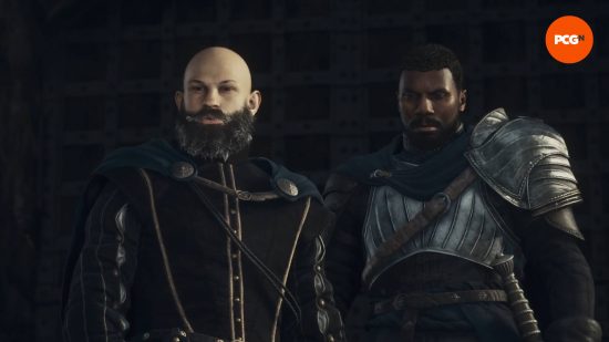 The Arisen and Captain Brant look concerned during the events of Dragon's Dogma 2 Feast of Deception quest.